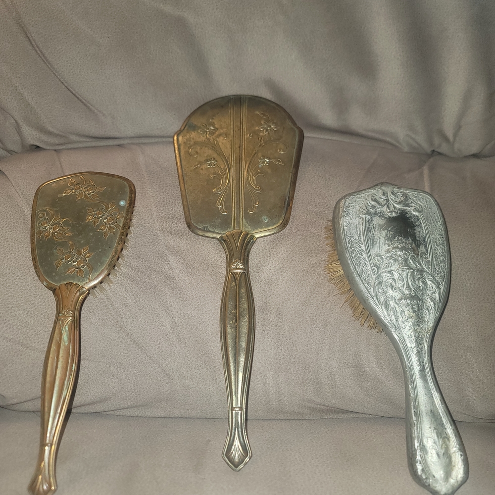 3 Antique Victorian Silver Plated Hand Brush VANITY set Gold Toned Brass Mirror